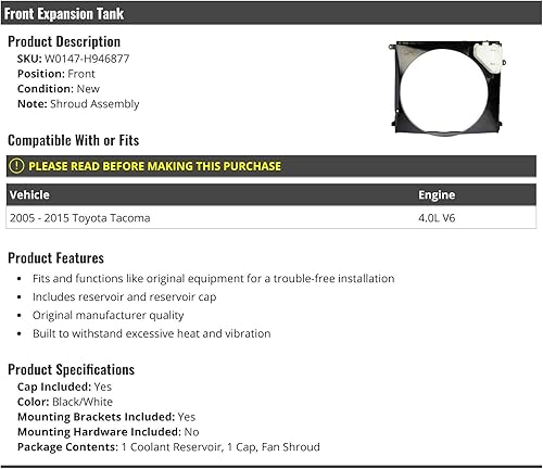 Cubierta del ventilador delantero con tanque de refrigerante de expansión, compatible con Toyota Tacoma 4.0L V6 2005-2015