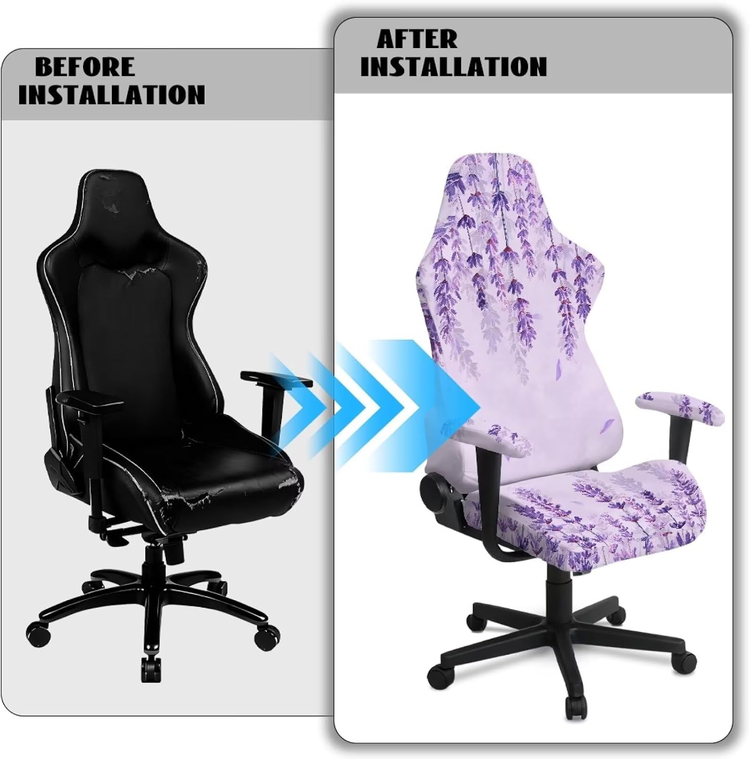 Suobstales Purple Lavender Print Gaming Chair Covers Waterproof Cat Scratch Proof Stretch Game Chair Cover with Armrest Anti-Scratch Protection for Ergonomic Gaming Rotating Desk Chair