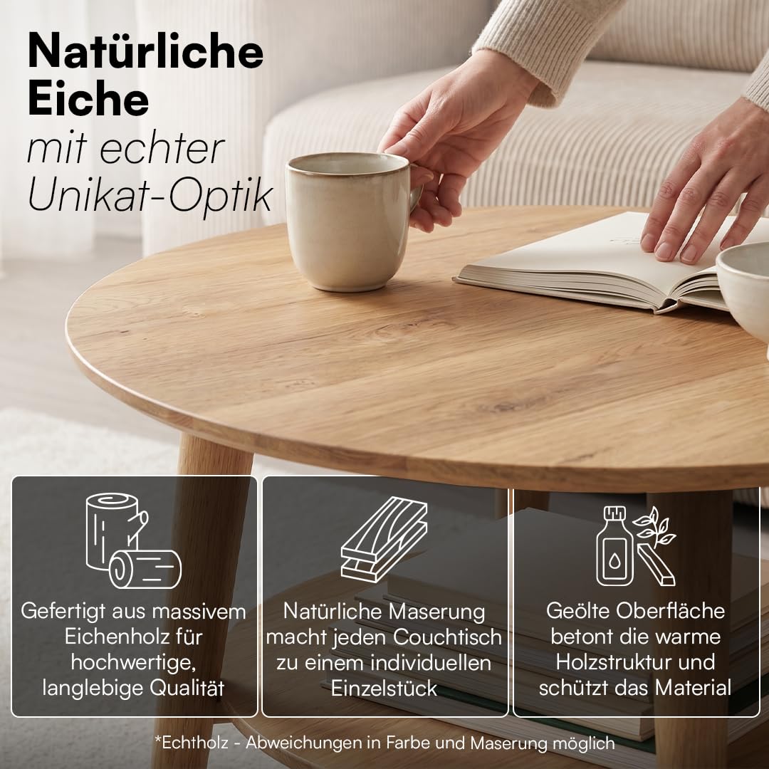 skølm Mjölnir Couchtisch rund Ø70 cm – Wohnzimmertisch aus Eiche Massivholz – Sofatisch mit 2 Ablagen – kleiner Beistelltisch Natur geölt – Holztisch Wohnzimmer mit Stauraum – Coffee Table