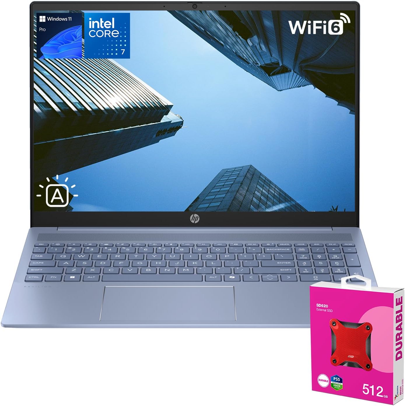 HP Pavilion 16t-af000 Business Laptop, 16" FHD+ Touchscreen, 10-Core Intel Core 7 150U, 32GB RAM, 1TB SSD, Wi-Fi 6, Backlit Keyboard, HDMI, Windows 11 Pro, Blue, with ADATA 512GB External SSD Bundle