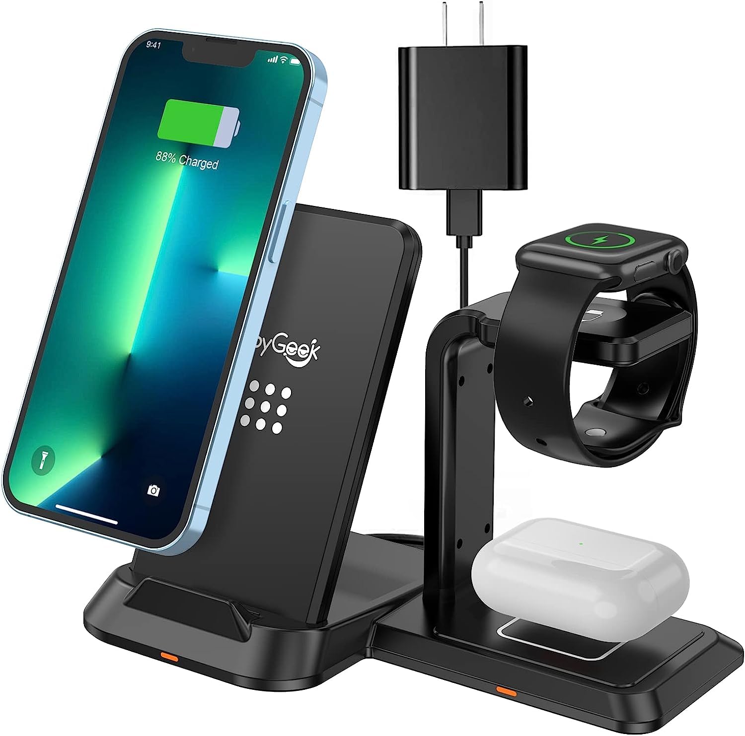 Wireless Charging Station, JoyGeek 3 in 1 Wireless Charger for Apple Devices, Wireless Charger Stand for iPhone 14/13/12/11 Series/XS Max/XR/XS/X, iWatch 7/6/5/4/3/2/SE, for Air Pods Pro/3/2