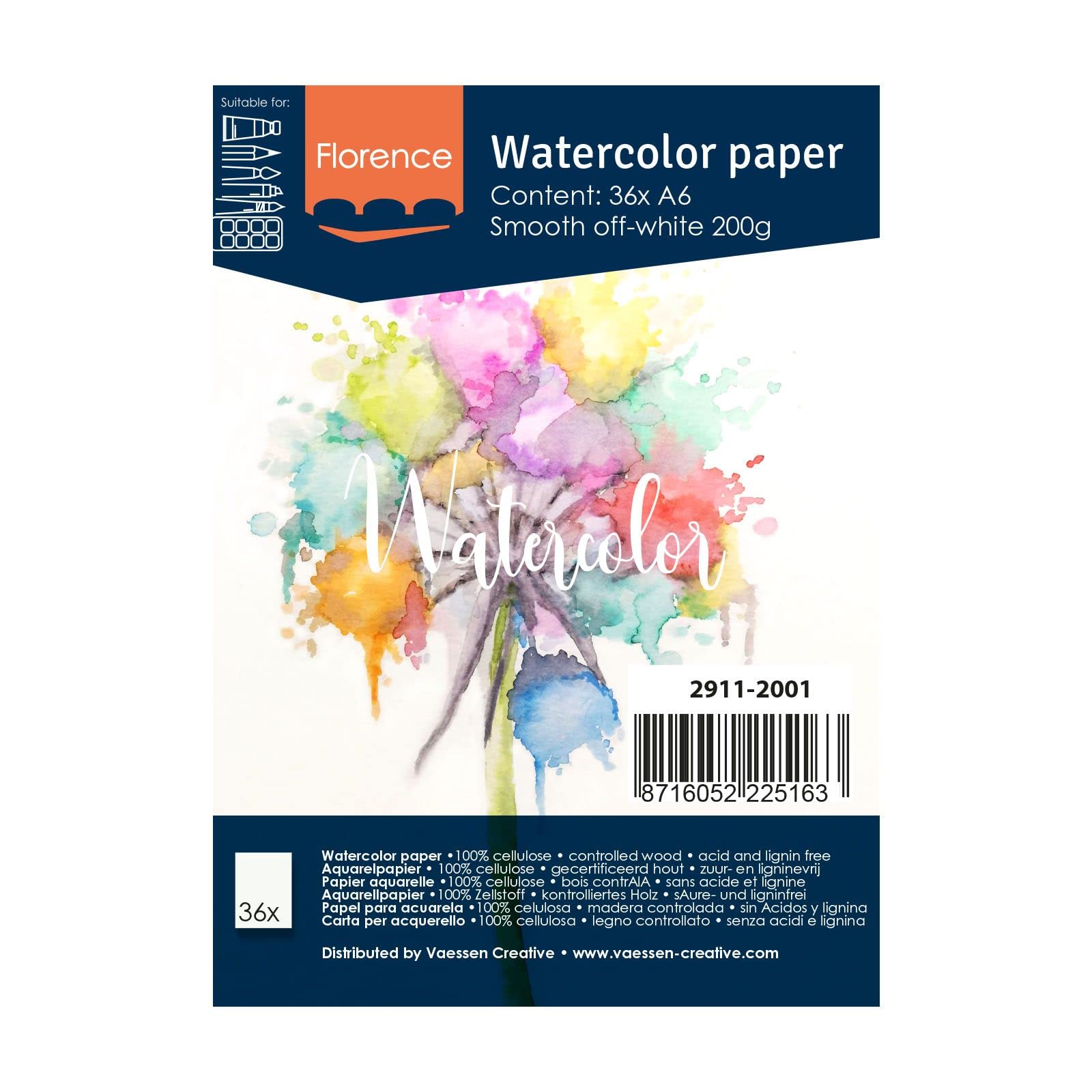 Vaessen Creative Florence Hot Pressed Watercolour Paper A6, Ivory, 200 GSM, Artist Grade Quality, Smooth Surface, 36 Sheets for Painting, Hand Lettering, Art Projects