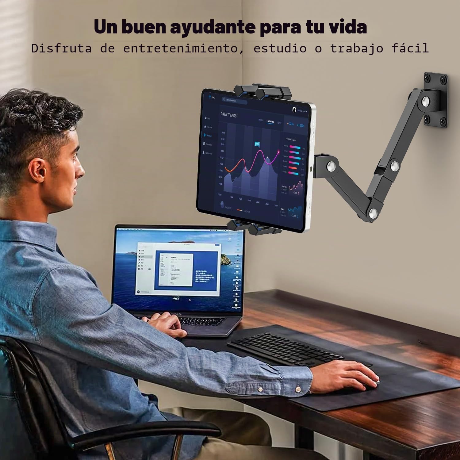 Soporte Tablet Pared, Soporte iPad Pared con Brazo Metálico Regulable 16-39.5cm, Soportes iPad para 4,7 a 13.5 Pulgadas.