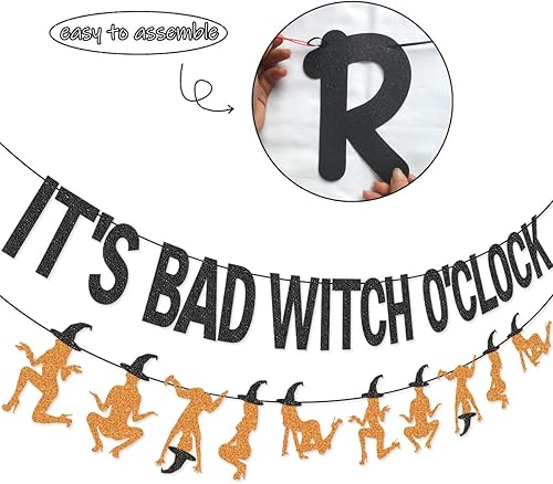 Miniatura 2 de Guirnalda de pancarta con texto en inglés "It's Bad Witch O'Clock para decoraciones de despedida de soltera de Halloween