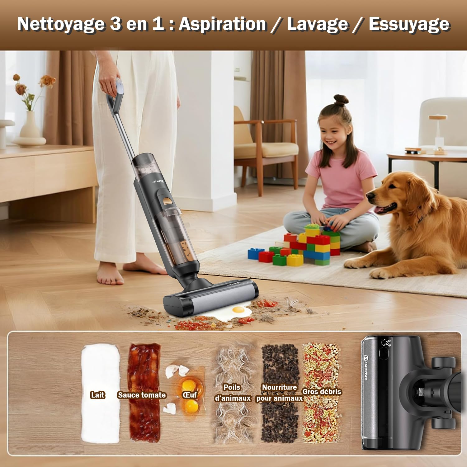 Hearten Aspirateur Laveur,Autonettoyant/Affichage à LED,sans Fil,Aspirateur et Laveur,Anti-enchevêtrement,pour sols durs et familles avec Animaux domestiques et Enfants