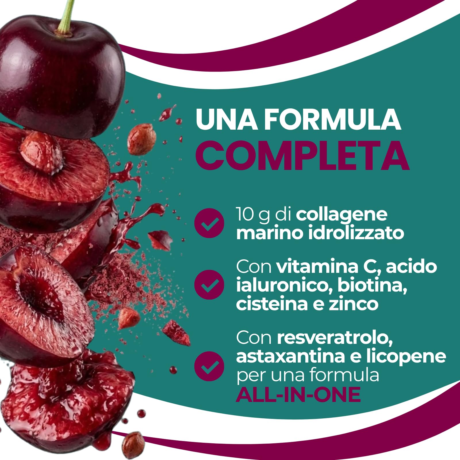 KIROS BEAUTY COLLAGEN – Collagene Marino Idrolizzato 10g con Acido Ialuronico, Vitamina C, Integratore Collagene per Pelle, Capelli e Unghie con Biotina e Zinco, 30 Bustine Gusto Amarena