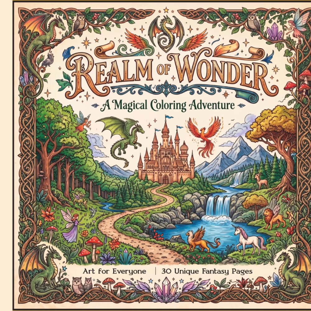 Realm of Wonder- A Magical Coloring Adventure: Mystical Creatures & Moonlit Magic: A Fantasy Coloring Book Featuring Dragons, Fairies, Unicorns, Mermaids, and Enchanted Realms