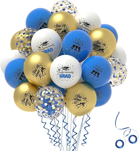 Janinus Globos de graduación negros y dorados, 65 globos de látex de 12 pulgadas con globos de confeti blanco para decoraciones de fiesta de