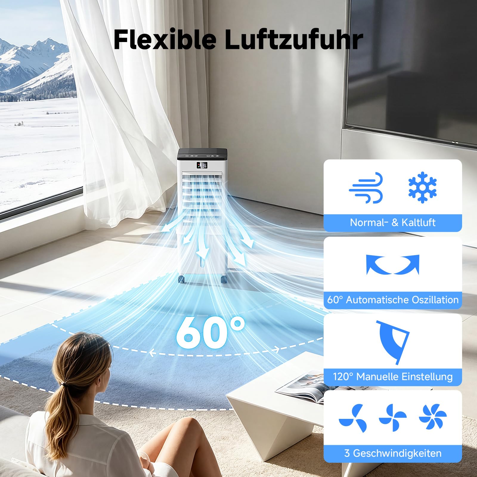 4-in-1 tragbares Klimagerät, Verdunstungsluftkühler mit 10L Wassertank, 4 Modi und 3 Geschwindigkeiten, 1-12h Timer mit Rollen, für Zuhause (Silberweiß)