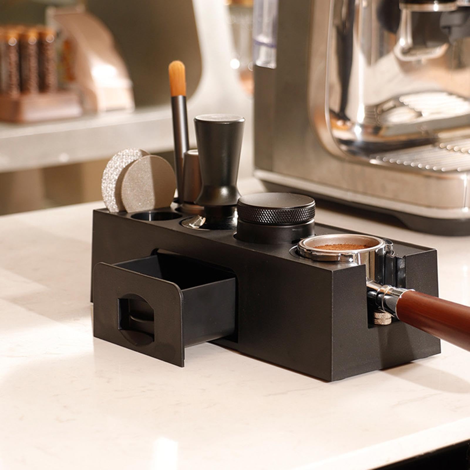 Generisch Coffee Tamper Station Kit, Coffee Knock Box Small 11.10 x 3.94 x | 2.95in, Espresso Accessories Organizer, Multipurpose Espresso Organizer Station for Kitchen, Abs, Silicone, Steel
