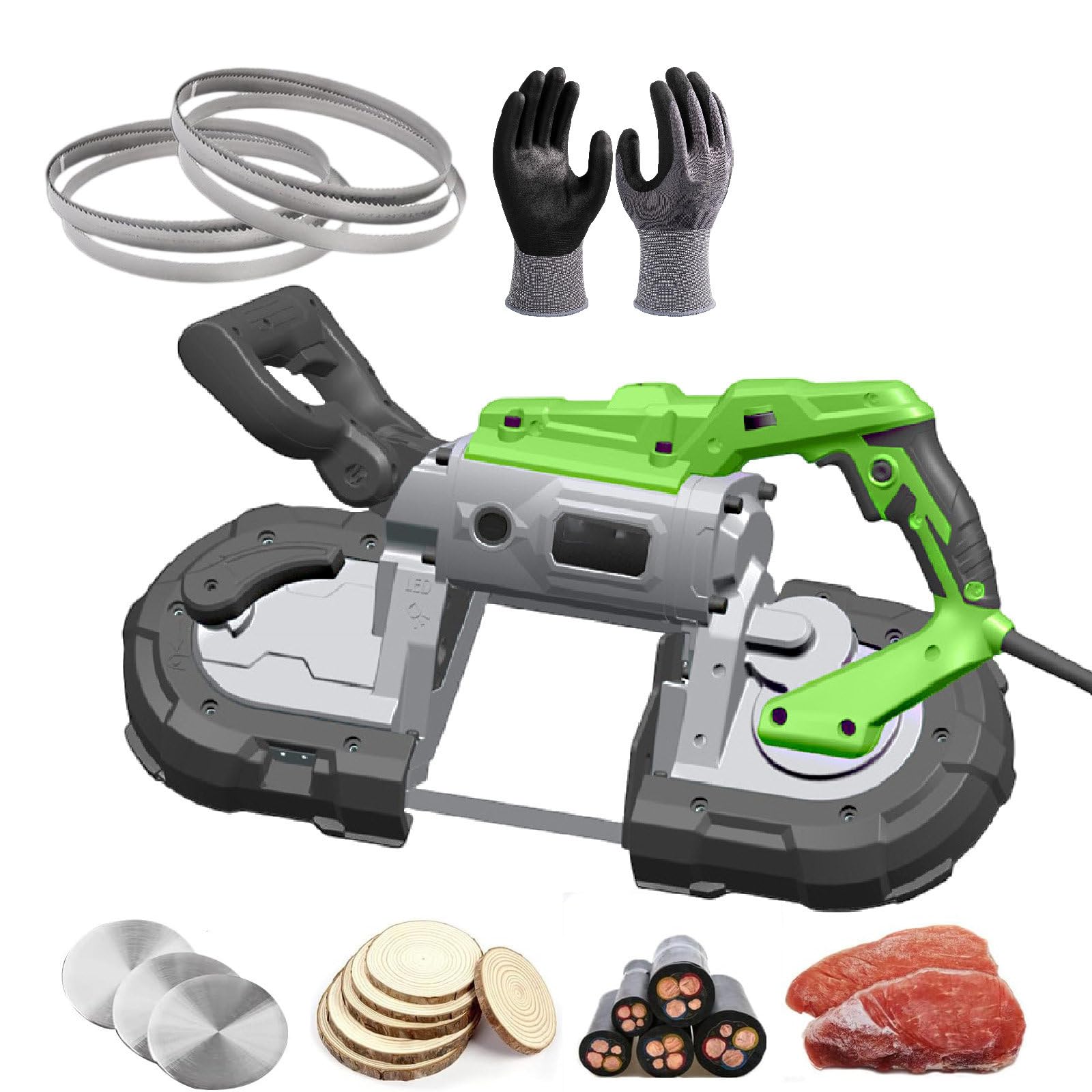 Sega A Nastro Portatile Da 1100 W, Sega A Nastro Per Metallo,Base Rimovibile/Taglio Angolare Da 0 A 45°, Con Lama Per Sega Di 3 Dimensioni (6 Pezzi) E 1 Guanto, Per Metallo, Legno,Withoutbase