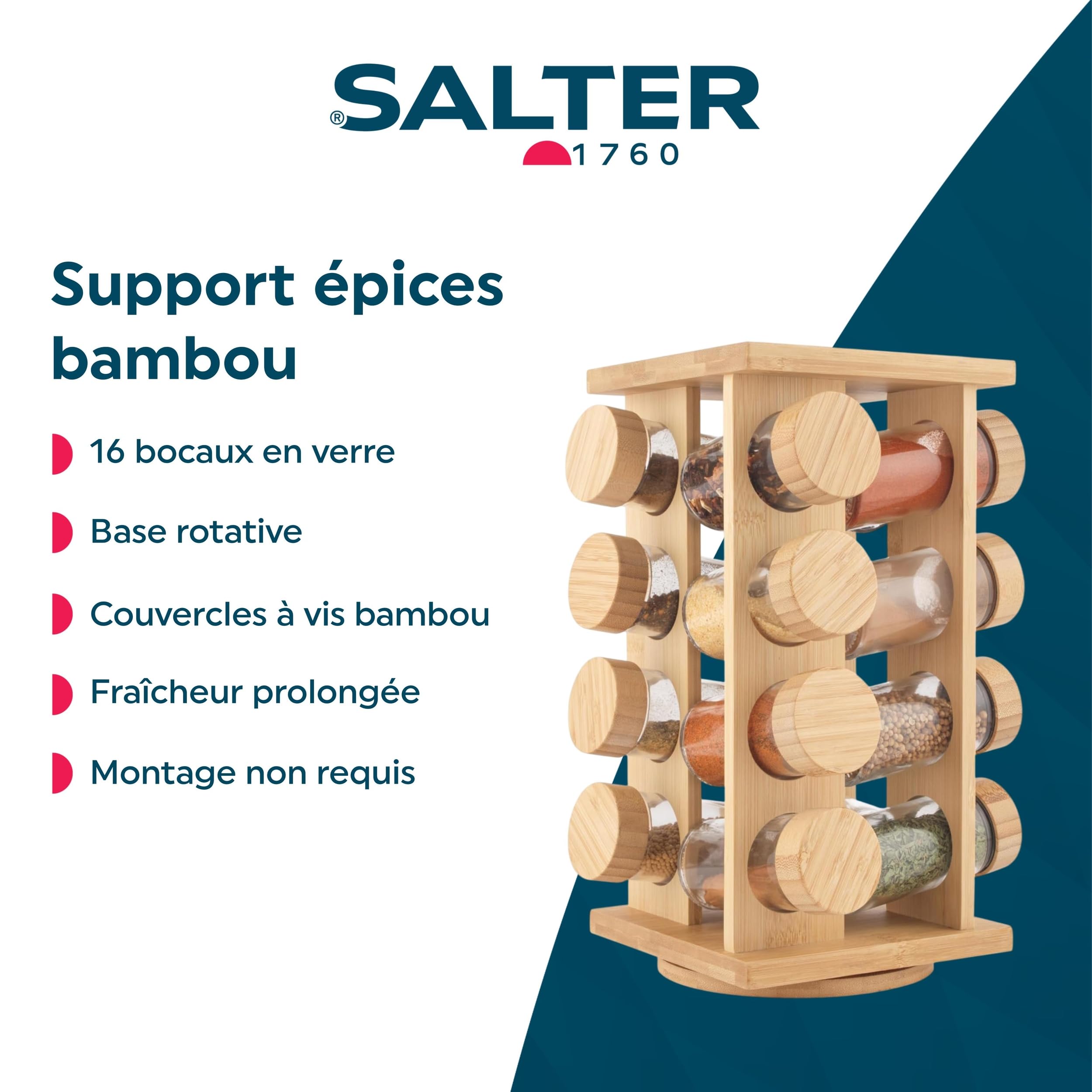Salter Étagère à épices en bambou - Rotatif, 16 bocaux inclus, couvercles à visser, fraîcheur longue durée, épices et assaisonnements, organiseur d'épices de comptoir, stockage des épices