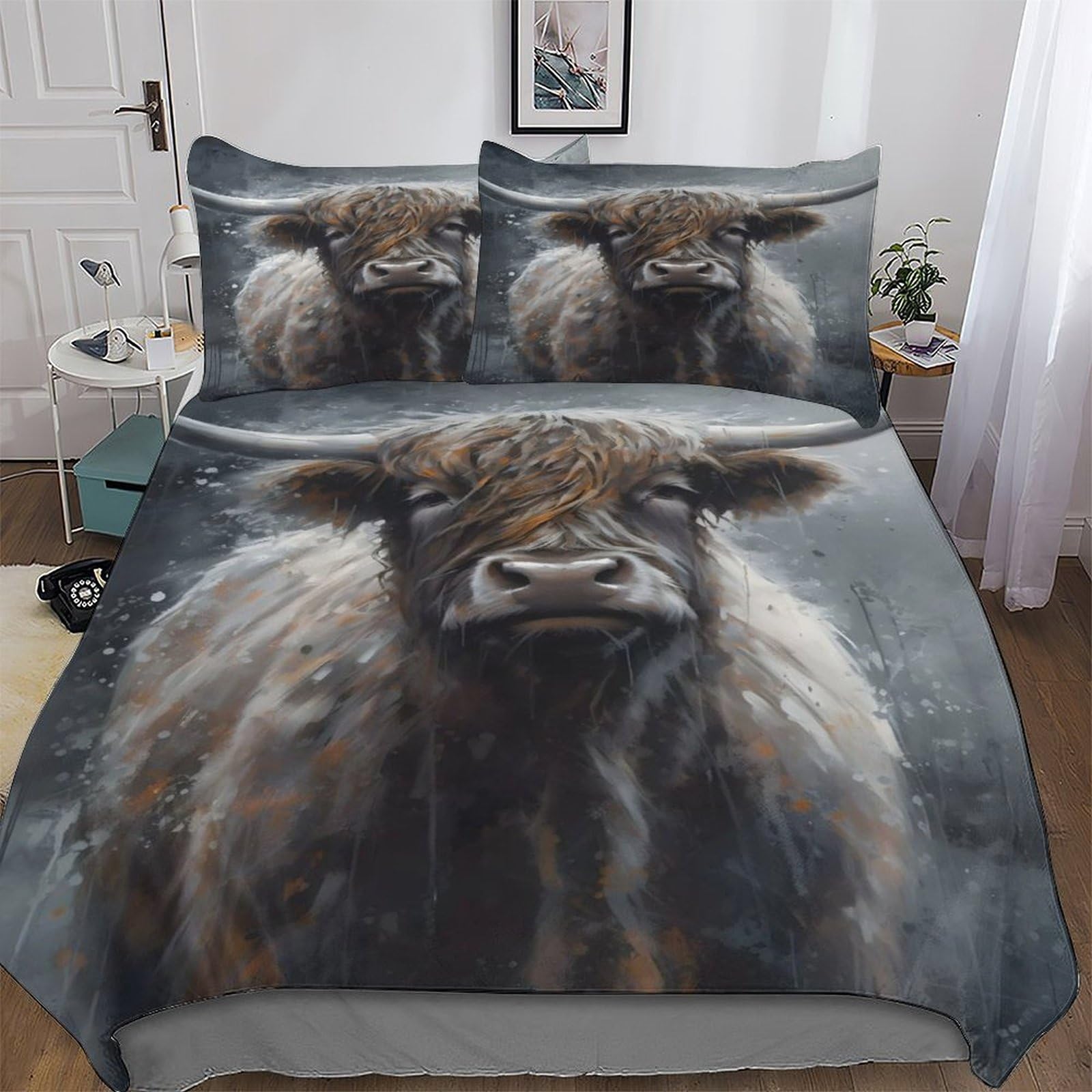 AASWDFR Highland Cow Bedding Set Duvet Cover 3 PCS With Pillowcases Soft Microfiber Quilt Cover Suitable for Children Teens Adults King(220x240cm)