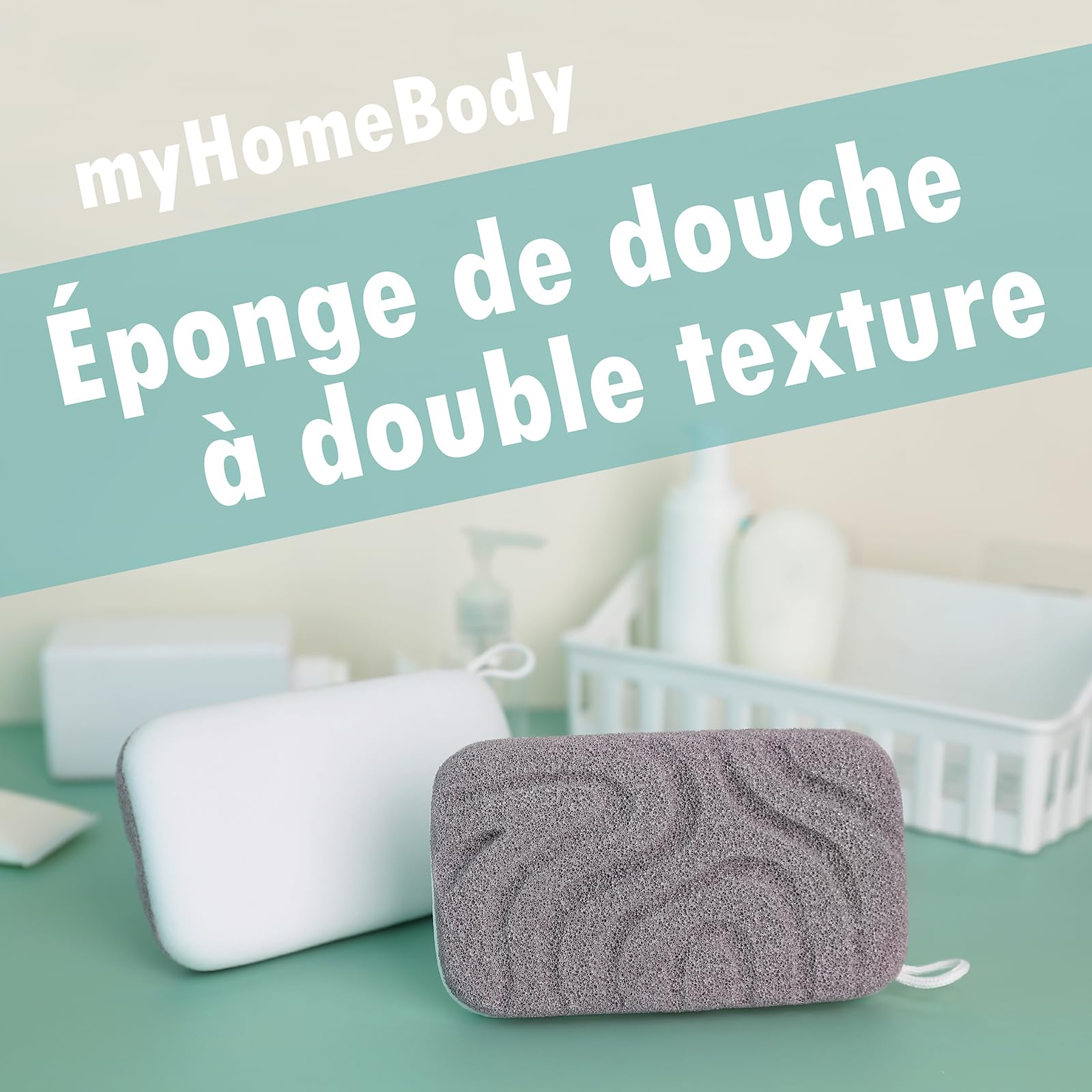 myHomeBody Éponge de douche exfoliante à double texture, Éponge de bain pour femme, Exfoliant pour le corps, Loofahs pour le corps, luffa pour homme, 2 pièces