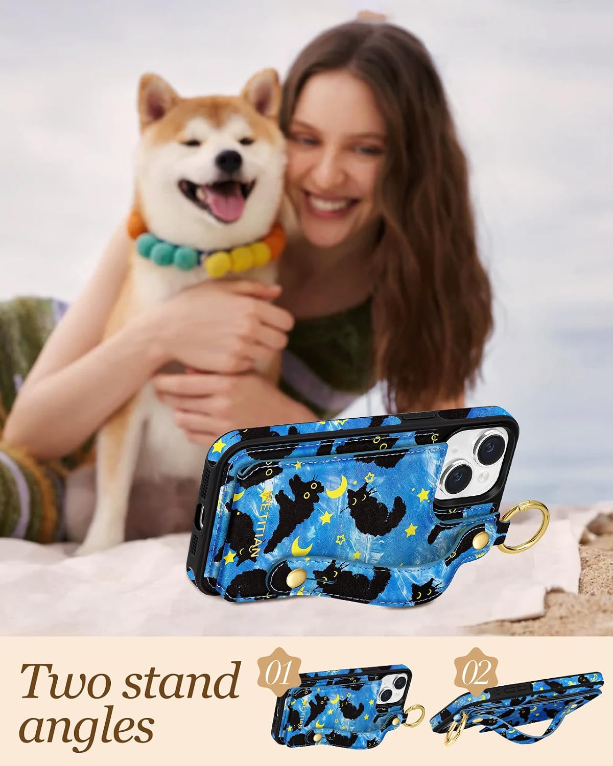 Petitian for iPhone 14/13 Wallet Case for Women, Blue Cat image 5