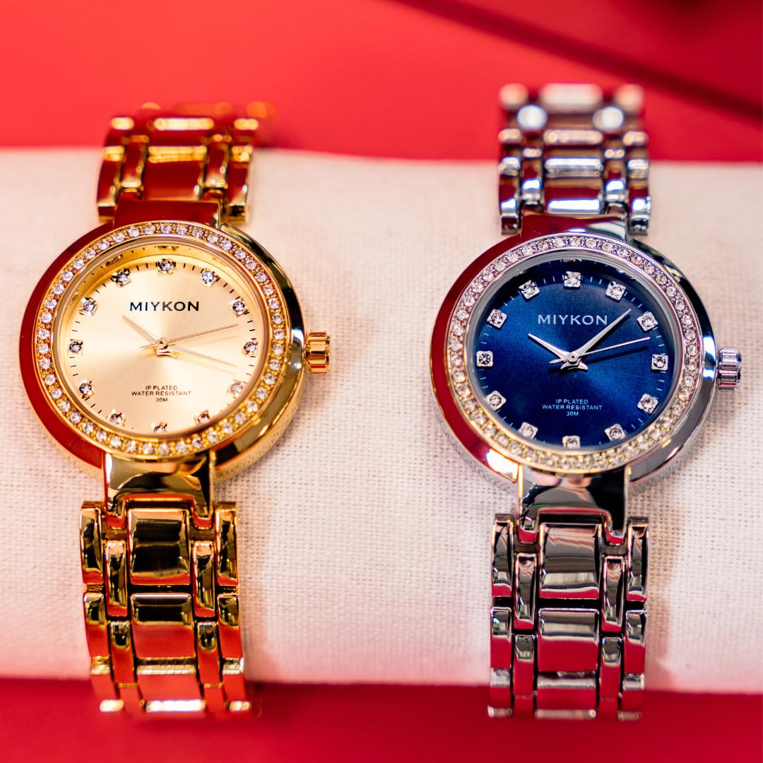 Miykon Relojes de plata y oro para mujer, pequeño y delicado reloj para mujer con cristales auténticos, pulsera de joyería para mujer pulida con iones, vidrio resistente a los arañazos, cuarzo japonés