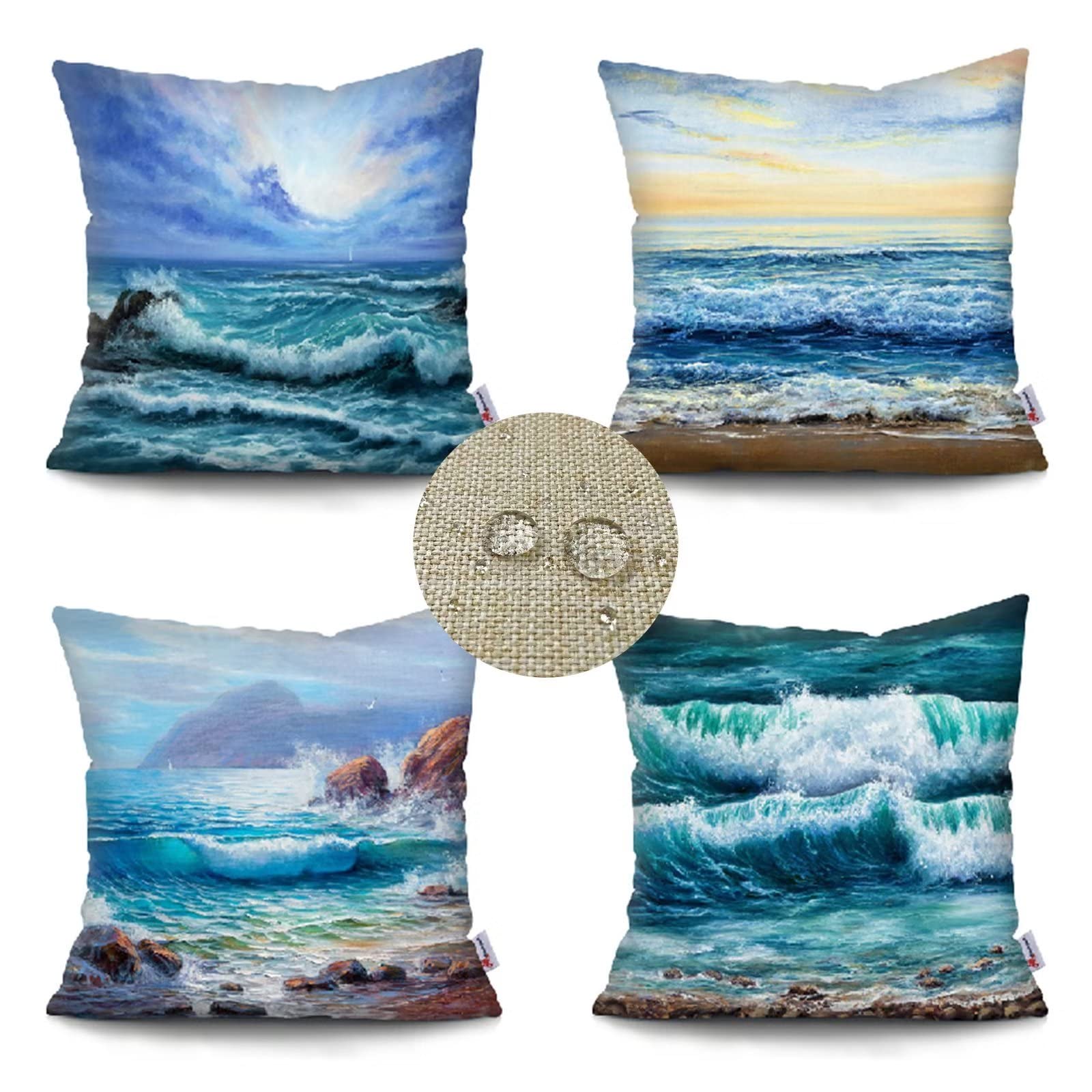 Set van 4 kussenslopen voor buiten, 60 x 60 cm, kleur, waterdicht, linnen, sierkussen, dubbelzijdig, cartoon, bloem, decoratieve bankkussens voor woonkamer, terras, kantoor, tuinkussens, zomer, LY-33