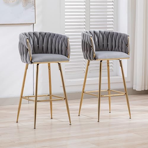 Miniatura 40 de HEAH-YO Juego de 2 taburetes de bar giratorios, taburetes de bar ajustables de altura de mostrador con respaldos tejidos y base dorada estable,