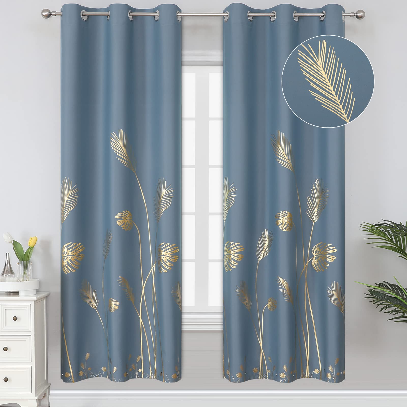 Estelar Textiler Stone Blue Blackout Curtains 72 Inches Long, Grommet Curtains with Gold Palm Tree Pattern, Light Blocking Thermal Insulated Window