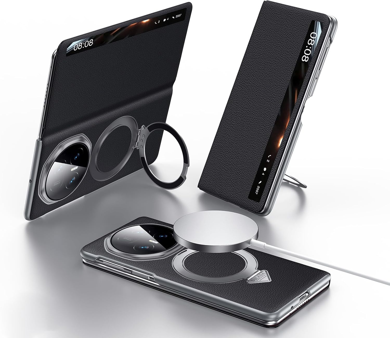 Compatible with Honor Magic V5 Case Smart Clear View Case[Compatible with Mag-Safe][with Adjustable Ring Stand] Slim Genuine Leather Wallet Flip Case Protective Shockproof for Women Men(Black)