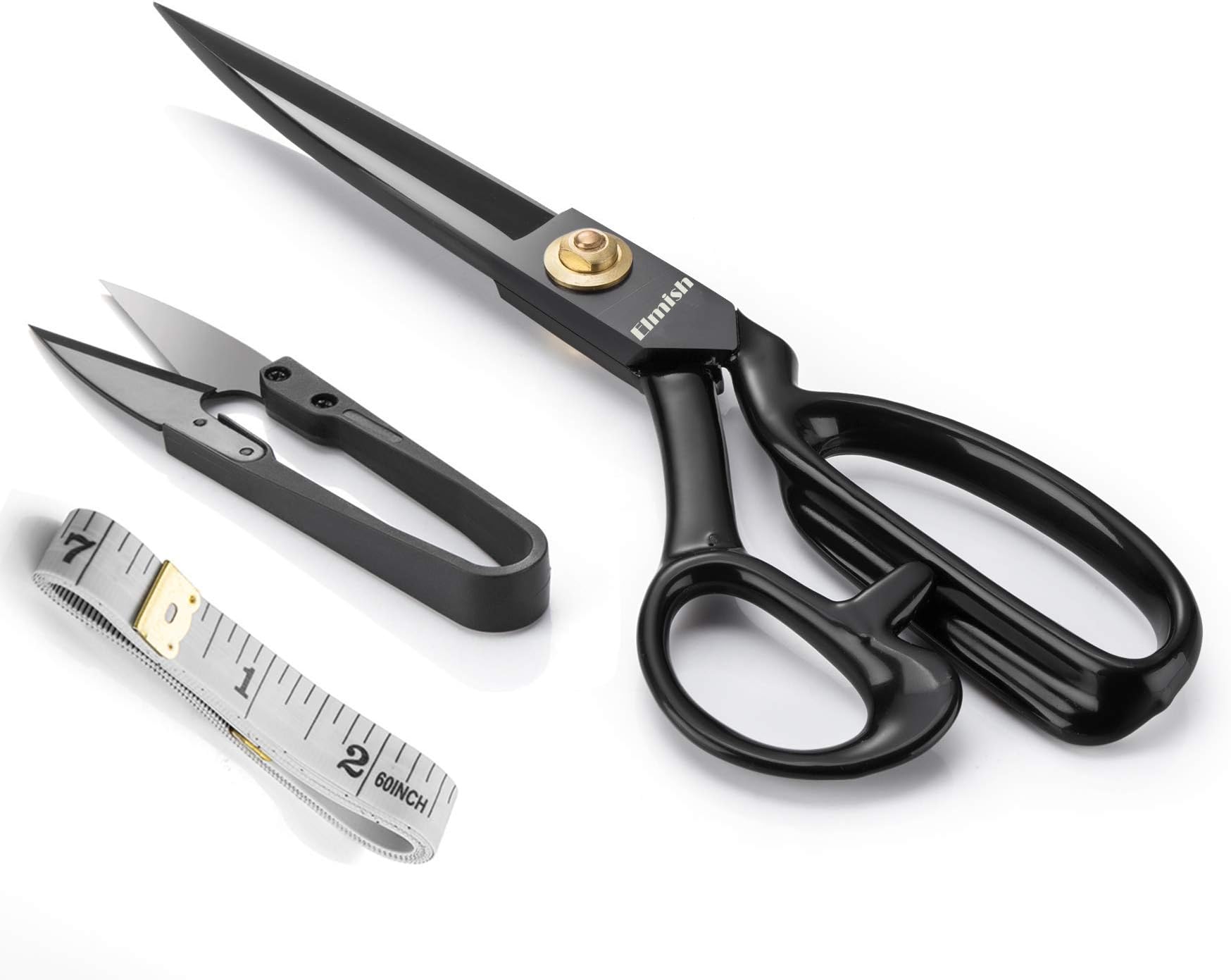 Elmish Dressmaking Scissors (8 inch, Black) - Dressmaker Fabric Sewing Shears - Tailor's Scissors for Cutting Fabric, Leather EM-001-R8-B (8'', Right-Handed)