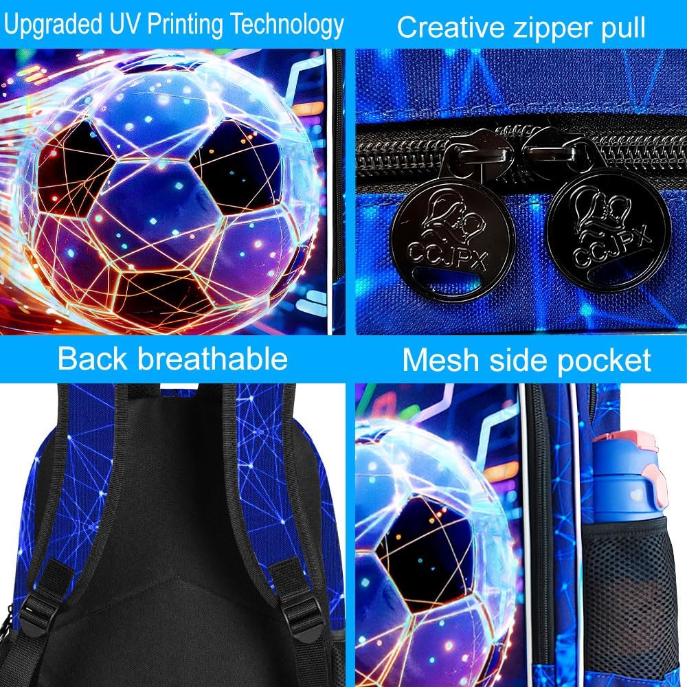 HPJGD 3PCS Boys Soccer Bookbag, Water Resistant Kids Backpack Set with Lunch Box, Cool School Bag for Middle Elementary - Yellow Light Soccer