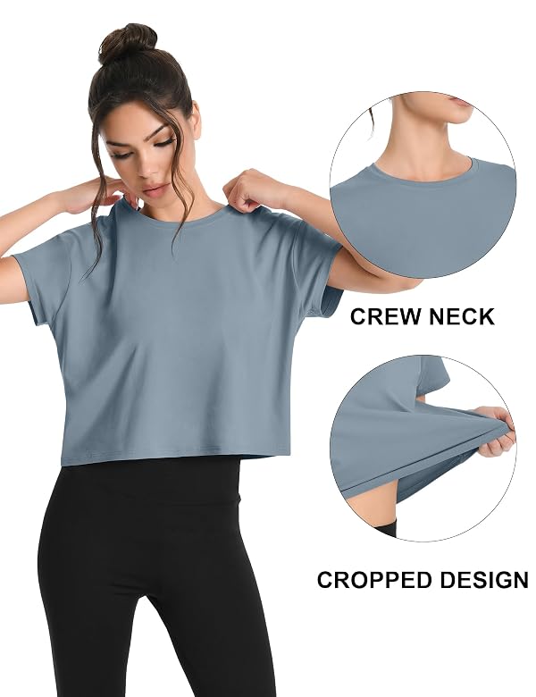 HOPLYNN 5 Pack Crop Top T Shirts for Women Workout Gym Athletic Running Yoga Casual Short Sleeve Crew Neck Tee Shirts Tops 1 Black 1 White 1 Pink 1 Blue 1 Coffee Large by HOPLYNN - Image 5