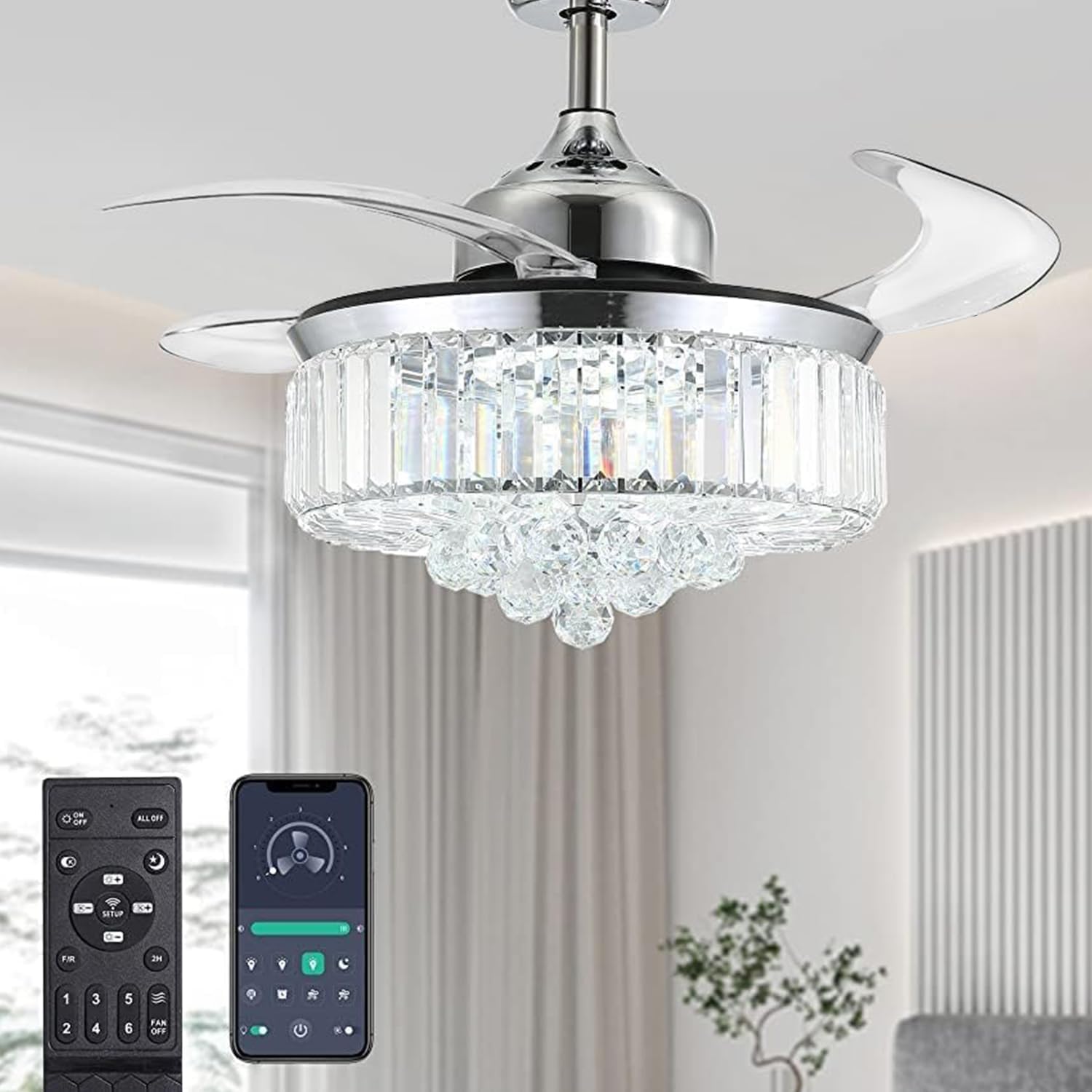 MO-222CF Dimmable Crystal Fandelier with Retractable Blades