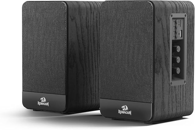 Redragon GS813 Wireless Bluetooth PC Speakers, 2.0 Channel Bookshelf Speaker, Bluetooth 5.0/3.5mm AUX Connection, Enhanced Bass/Treble Knob Control and TF Card/USB Flash Drive Supported