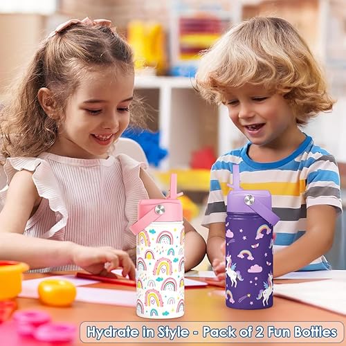 Miniatura 4 de SANDJEST Botella de agua para niños con tapa con pajilla, paquete de 2 botellas de agua aisladas de acero inoxidable de 12 onzas para niñas, taza de