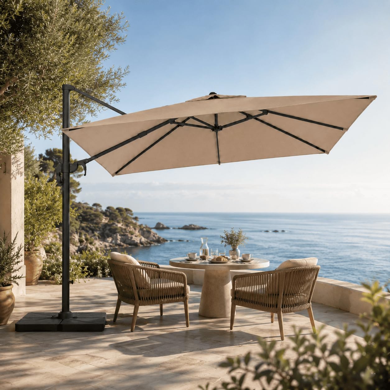 Ombrellone 3x3 M Giardino Braccio Retrattile Per Esterni Piscina Gazebo Terrazze Bar Hotel In Acciaio Inossidabile Braccio Rotabile 360° Telo 180 g/m2 Impermeabile Resistente Ai Raggi UV Tortora