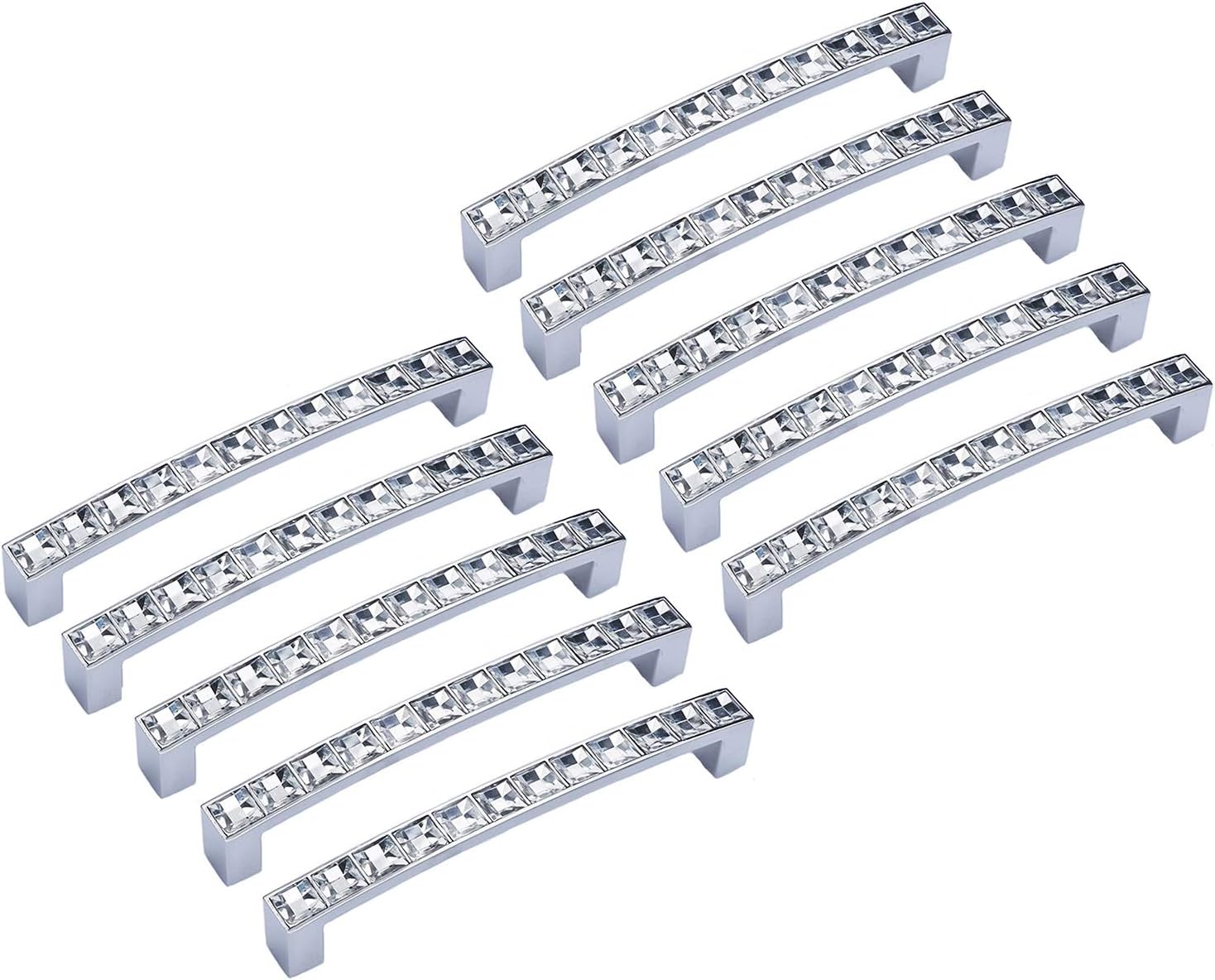 abcGoodefg Modern Crystal Glass Rhinestone Cabinet Handle Pulls Clear Bling Draw Knobs U Shape Door Handle Pulls Knobs, 5.3" Length (5" Hole Centers), Clear Silver, Zinc Alloy, 10-Pack