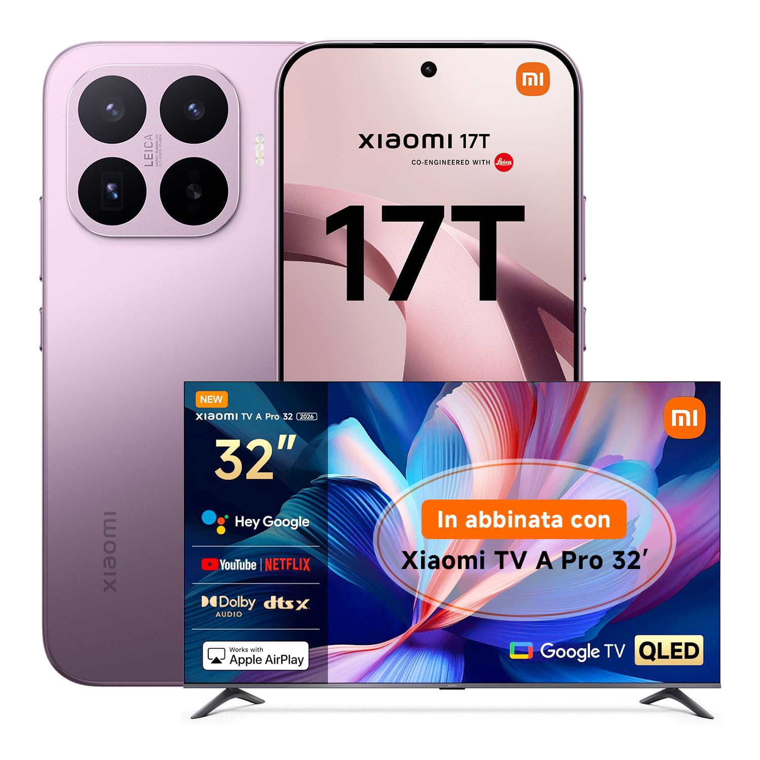 Xiaomi 17T, Smartphone 12+512GB, Display Eye-Care da 6,59" 120Hz, Batteria da 6500mAh(typ), Teleobiettivo Leica 5x, 67W HyperCharge, MediaTek Dimensity 9500, Violet, Garanzia 3 anni+Xiaomi TV A PRO 32