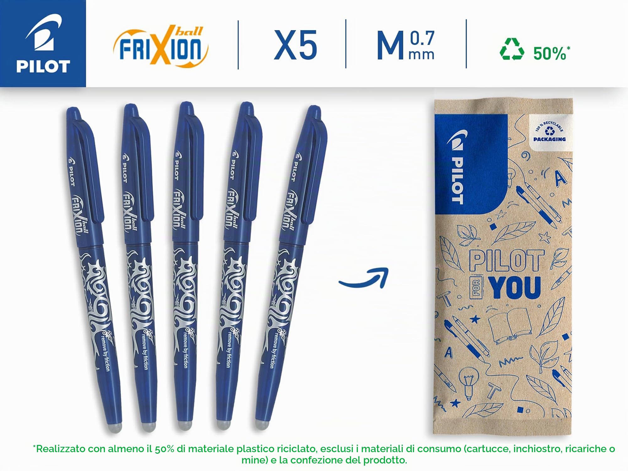 PILOT Frixion Ball Penna Cancellabile Termosensibile Blu Tratto Medio 5 Pezzi