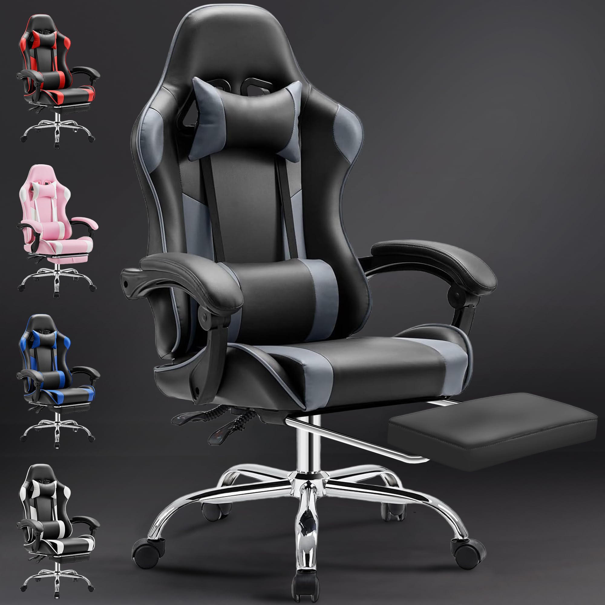 DUMOS Sedia da gioco ergonomica con poggiapiedi, PC traspirante, con cuscino lombare regolabile, cuscino e braccioli, portata 150 kg