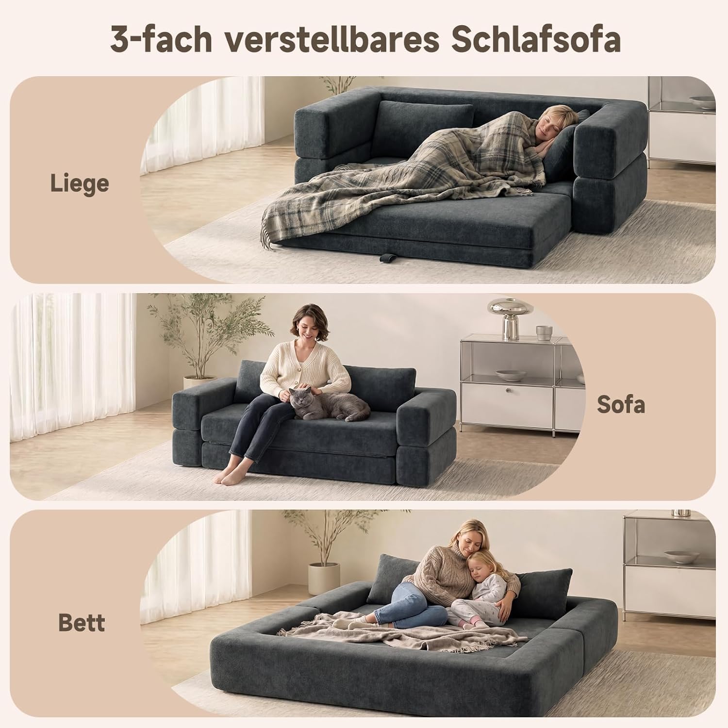 HAUSPROFI 3 in 1 Boneless Couch, Bodensofa Bed, Klappbares Sofa mit Schlaffunktion 2 Sitzer Chenille Schlafsesse für Schlafzimmer, Wohnzimmer und kleine Räume (Dunkelgrau)