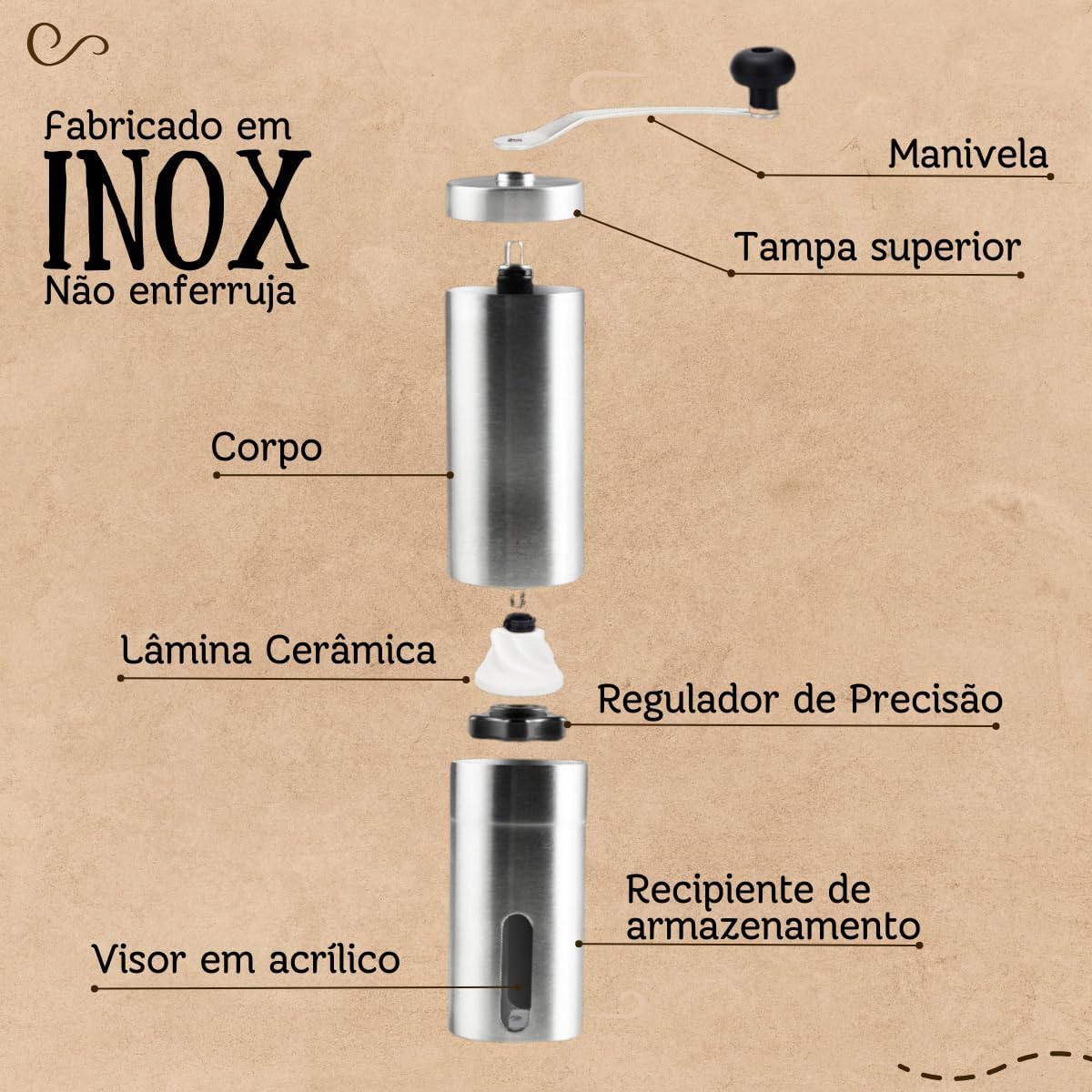 Moedor de Café Grãos Manual Inox Portátil Cerâmica