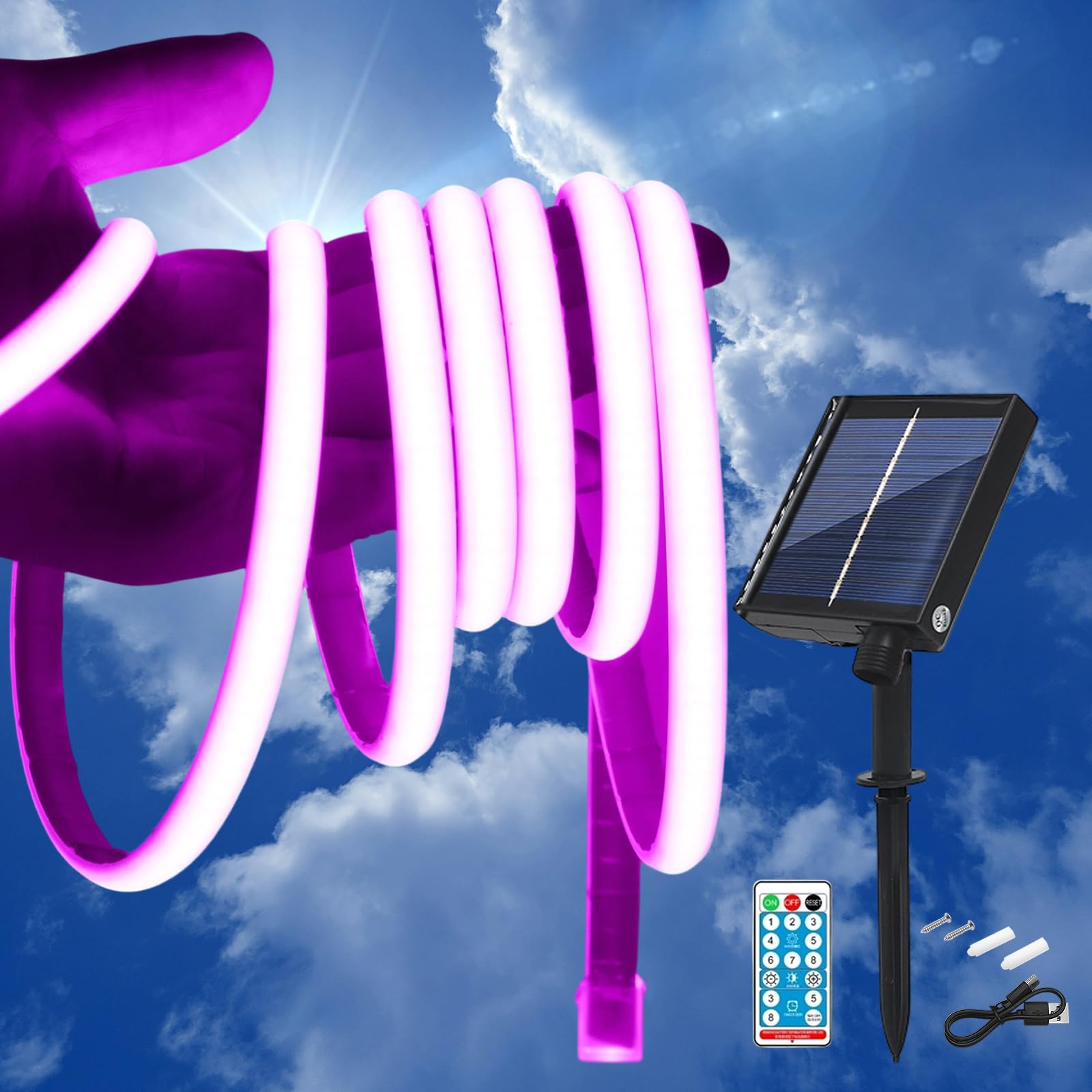 KISUFU 24V Solar LED Strip Lights Outdoor, 320 LEDs/M IP68 Waterproof Cuttable Self-Adhesive Rope Light with 1200mah 8 Modes Battery Box Remote Control for Porch Gazebo Yard Trees Garden Decor. — image 1
