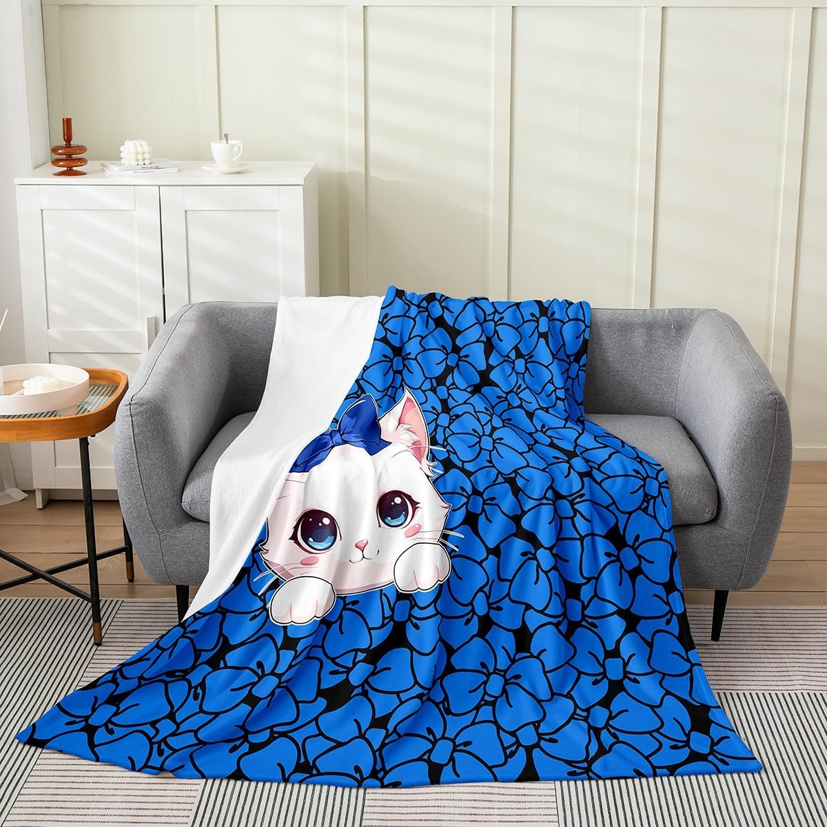 Cute Cat Flannel Blanket Queen 90"x90",Girly Kawaii Cat Silhouette Bed Sofa Blankets for Kids Boys,Lovely Animal Bow Print Fuzzy Blanket,Sweet Princess Style Breathable Blanket