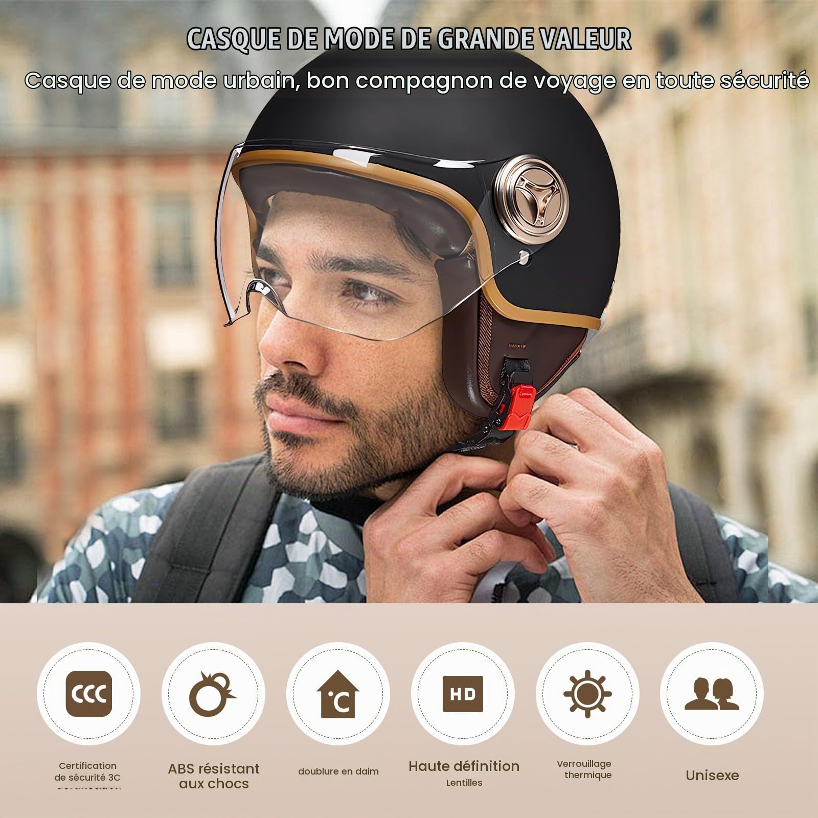 Casque De Moto Rétro 3/4, Casque De Scooter avec Visière, Casque Jet Rétro Approuvé ECE pour Hommes Et Femmes, Cyclomoteur, Moto pour Vespa, VTT, Cyclomoteur 10