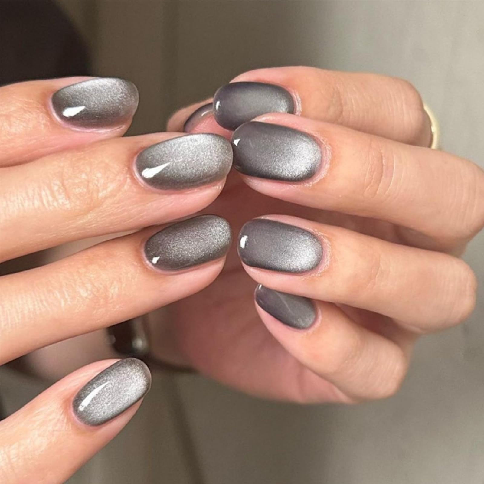 24Pcs Short Press on Nails, Glossy Short Oval Grey Fake Nails Full Cover Cat Eye False Nails Acrylic Stick on Nails for Women Girls Fingernails Decor