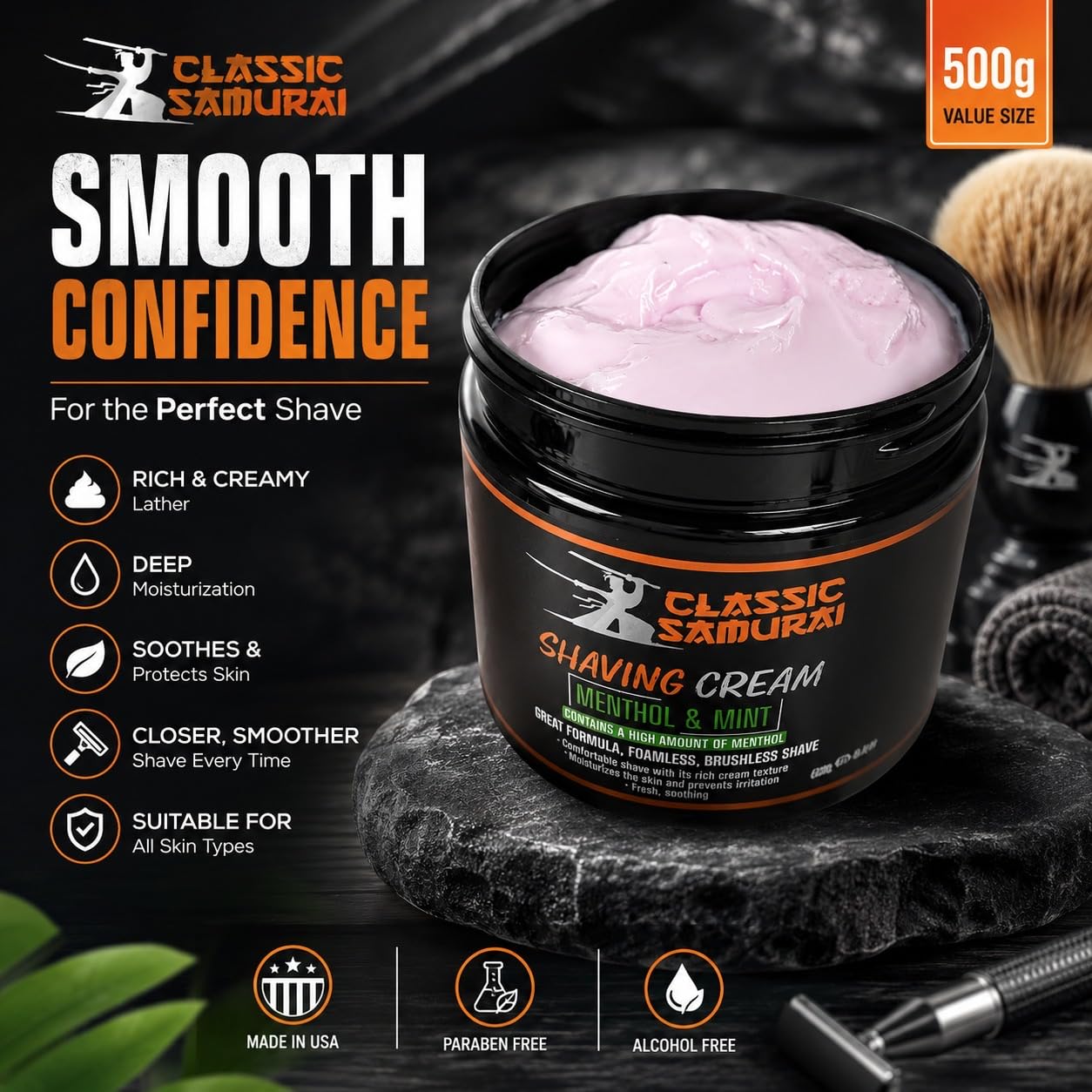 Menthol & Mint Shaving Cream 500ml (16.9 fl oz), Brushless & Foamless Shave Cream for Men, Cooling Moisturizing Formula, Barber Professional Wet Shaving Cream (500ml) image 3