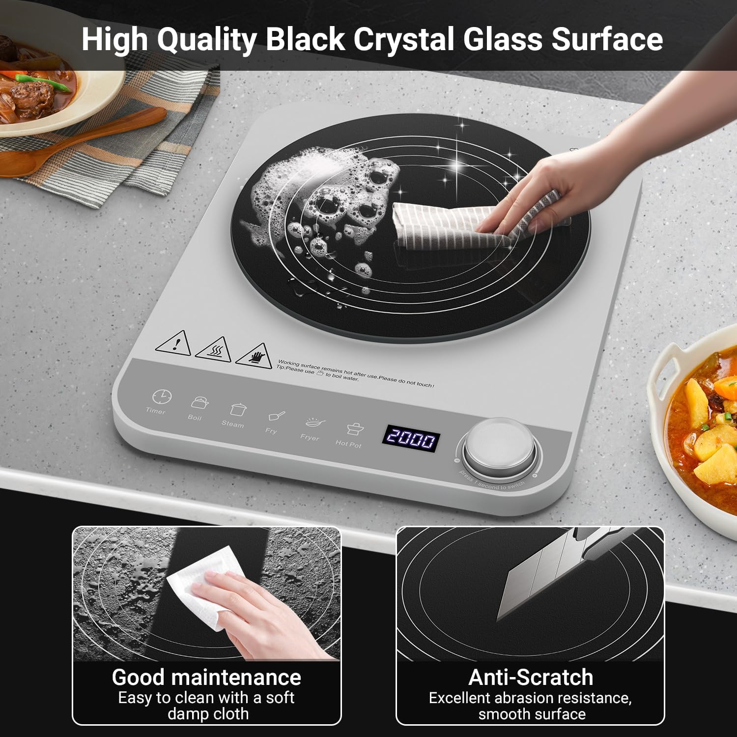 AMZCHEF Induction Cooktop surface being cleaned with a cloth, highlighting its easy maintenance and anti-scratch properties