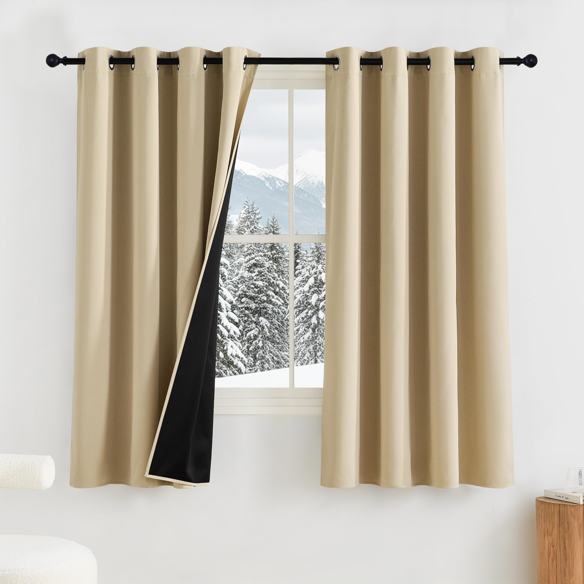 PONY DANCE Cortinas Dormitorio Cortas 2 Piezas,Cortinas Opacas Termicas Aislantes, Curtains Blackout con Ojales de Cocina Comedor,140x145cm,Beige Oscuro OEKO-TEX STANDARD 100