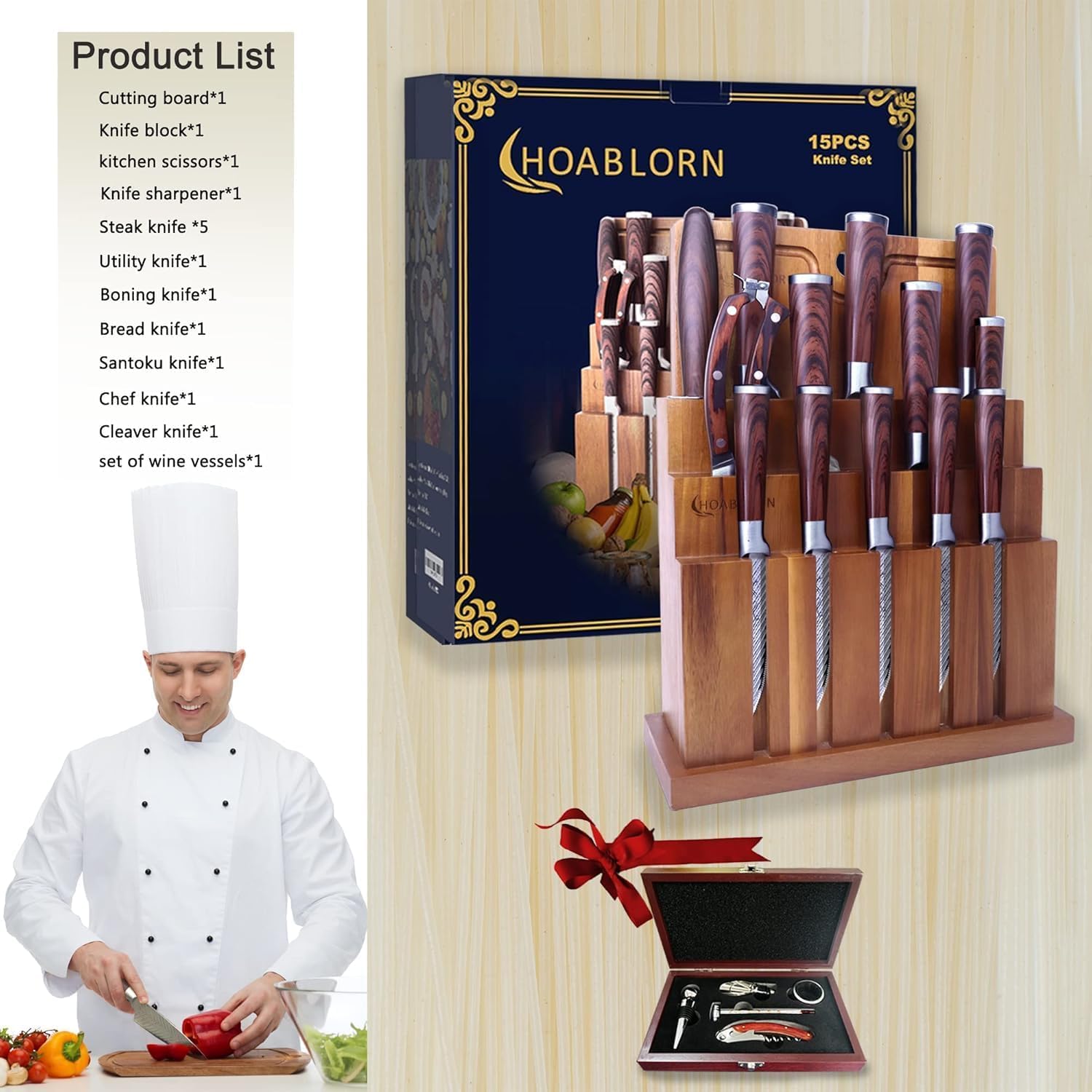 Bloc à couteaux professionnel Set de couteaux, Couteaux de cuisine professionnels avec bloc en bois, Set de couteaux de cuisine avec porte-couteaux en bois, Bon pour la maison,Mariage