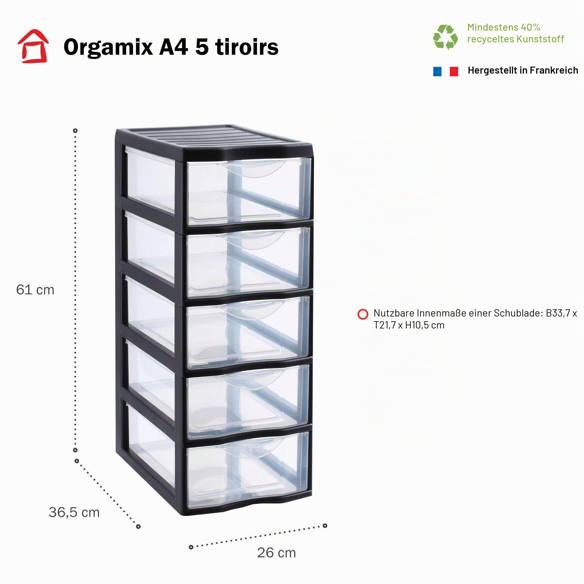 SUNDIS Orgamix, schubladenbox aus Kunststoff, 5 transparente Schubladen im A4-Papierformat, Höhe 61 cm, ideal zur Aufbewahrung von Büchern, Kursen, Dokumenten, Zubehör, Accessoires | Höhe 61 cm, ideal zur Aufbewahrung von Büchern, Kursen, Dokumenten, Zube