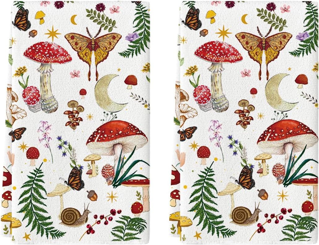 Artoid Mode Beige Modern Mushroom Kitchen Towels Dish Towels, 18x26 Inch Cute Botanic Farmhouse Decoration Hand Towels Set of 2