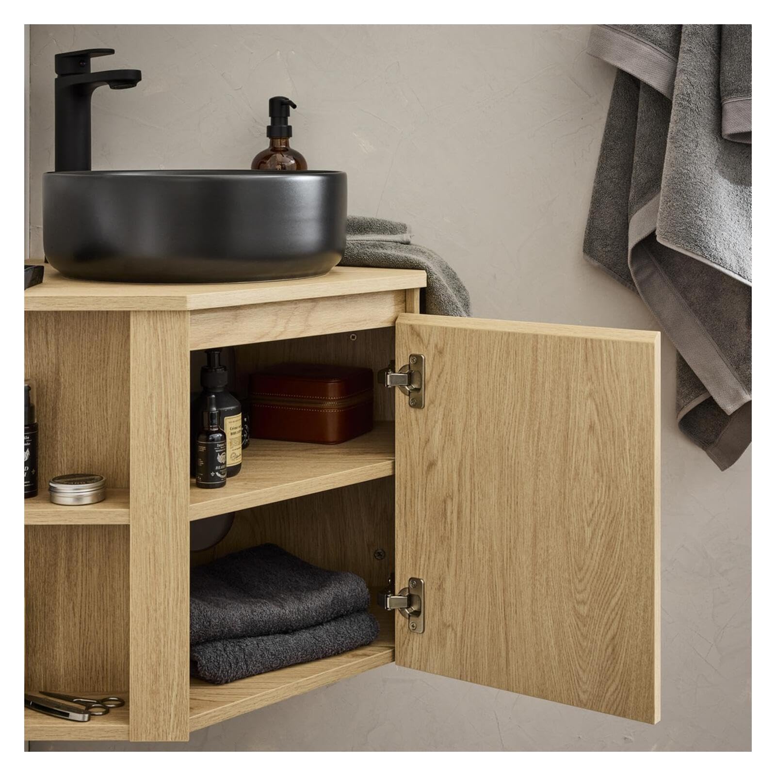 MOB-IN Ensemble Meuble sous Vasque d'angle Sorrento + Vasque Noire + Robinet