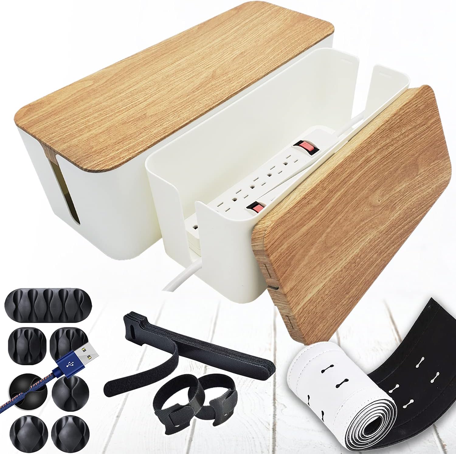 Cable Management Box Organizer Set, Pack of 2 with Configuration Kit, Updated Anti-Skid Design, Large and Medium White Boxes with Faux Wood Design Lid, Covers and Hides Cords/Wires/Power Strip