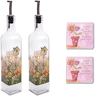 Topadorn 17 oz Olive Oil Dispenser Bottle Set for Kitchen, 2 Pcs Glass Oil Dispenser Bottle with Stainless Steel Pourers, 2 Packs of Napkins, Flower and Bird House